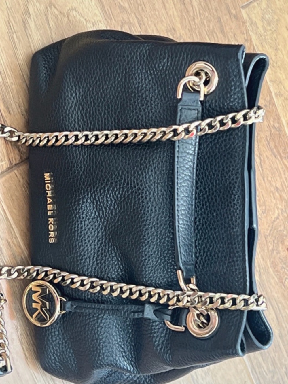 Michael Kors Black Pebbled Leather Shoulder Bag Gold Chain Convertible Strap - Picture 2 of 9